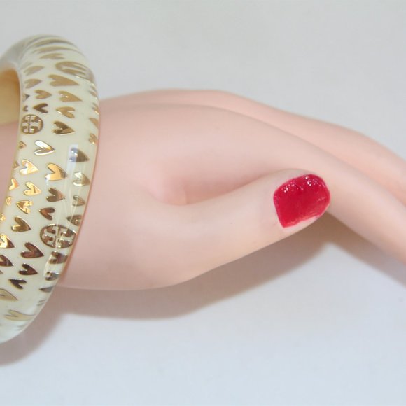 Tory Burch Clear, Ivory Lucite Gold Heart Bangle - Picture 10 of 12